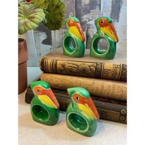 Vintage Porcelain Pelican Tropical Bird Napkin Rings Set of 4 Tiki Beach
